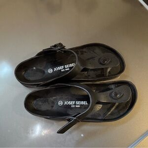 Josef Seibel Black Leather Slip-On Sandals with Buckle Detail